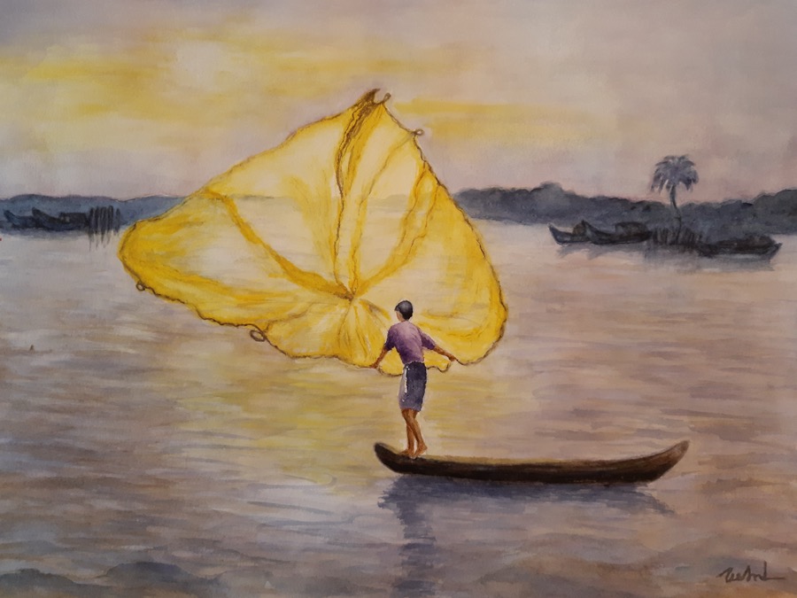 LE FILET D’OR<br>
Aquarelle, verre anti-reflet, 40 x 30 cm<br>
2020