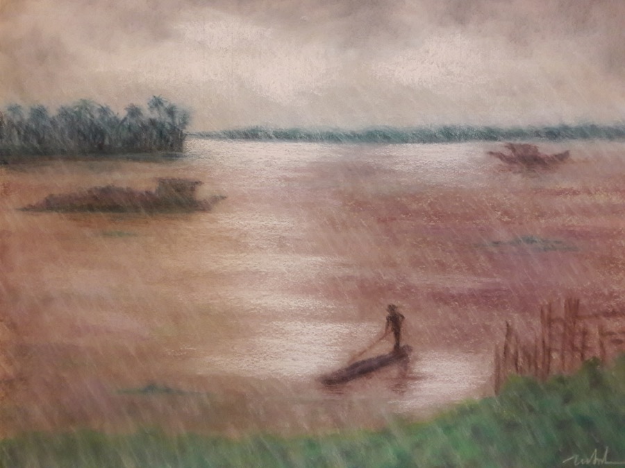 LE MEKONG<br>
Pastel sec, encadré sous verre anti-reflet, 62 x 48 cm<br>
2020