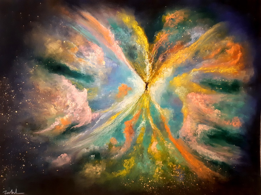 NÉBULEUSE DU LOTUS T1,<br>
Pastel sec, sous verre anti-reflet , 65 X 50 cm<br>
2024