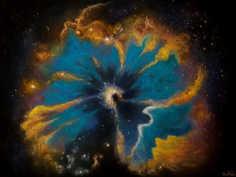 NÉBULEUSE DU LOTUS T2<br>
Pastel sec, sous verre anti-reflet, 65 x 50 cm<br>
2024
