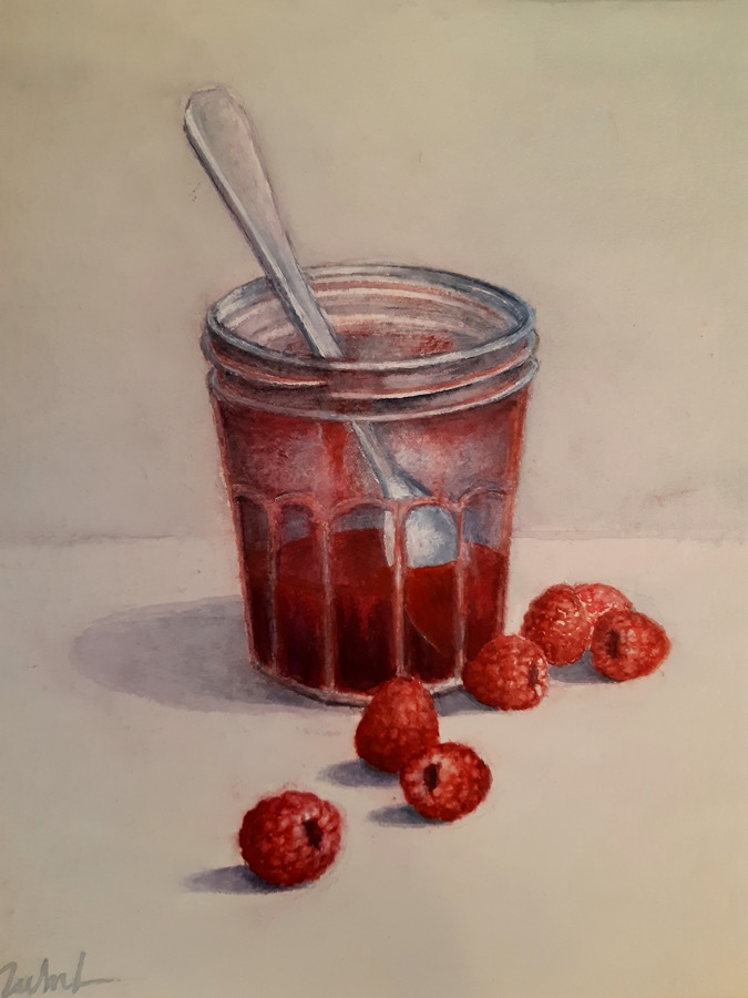 LES FRAMBOISES<br>
Aquarelle, sous verre, 26 x 22 cm<br>
2021