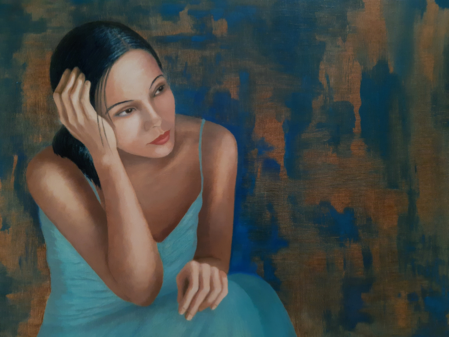 RÊVERIE EN BLEU<br>
Huile sur toile, 65 x 46 cm<br>
2022