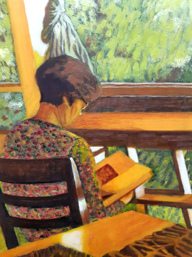 ME À LA FENÊTRE<br>
Huile sur carton entoilé, 46 x 33 cm<br>
2020